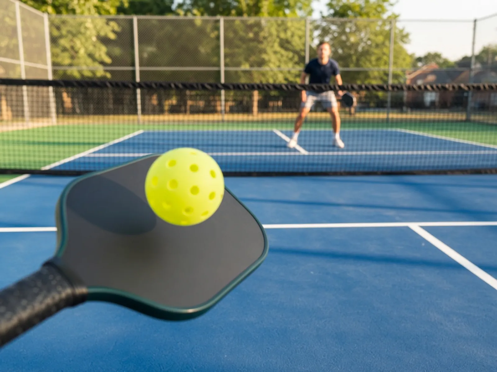 Players rallying on an outdoor pickleball court